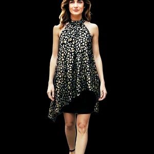 Wrapper Halter Dress Gold Metallic Animal Print Party Cocktail Flowy Overlay